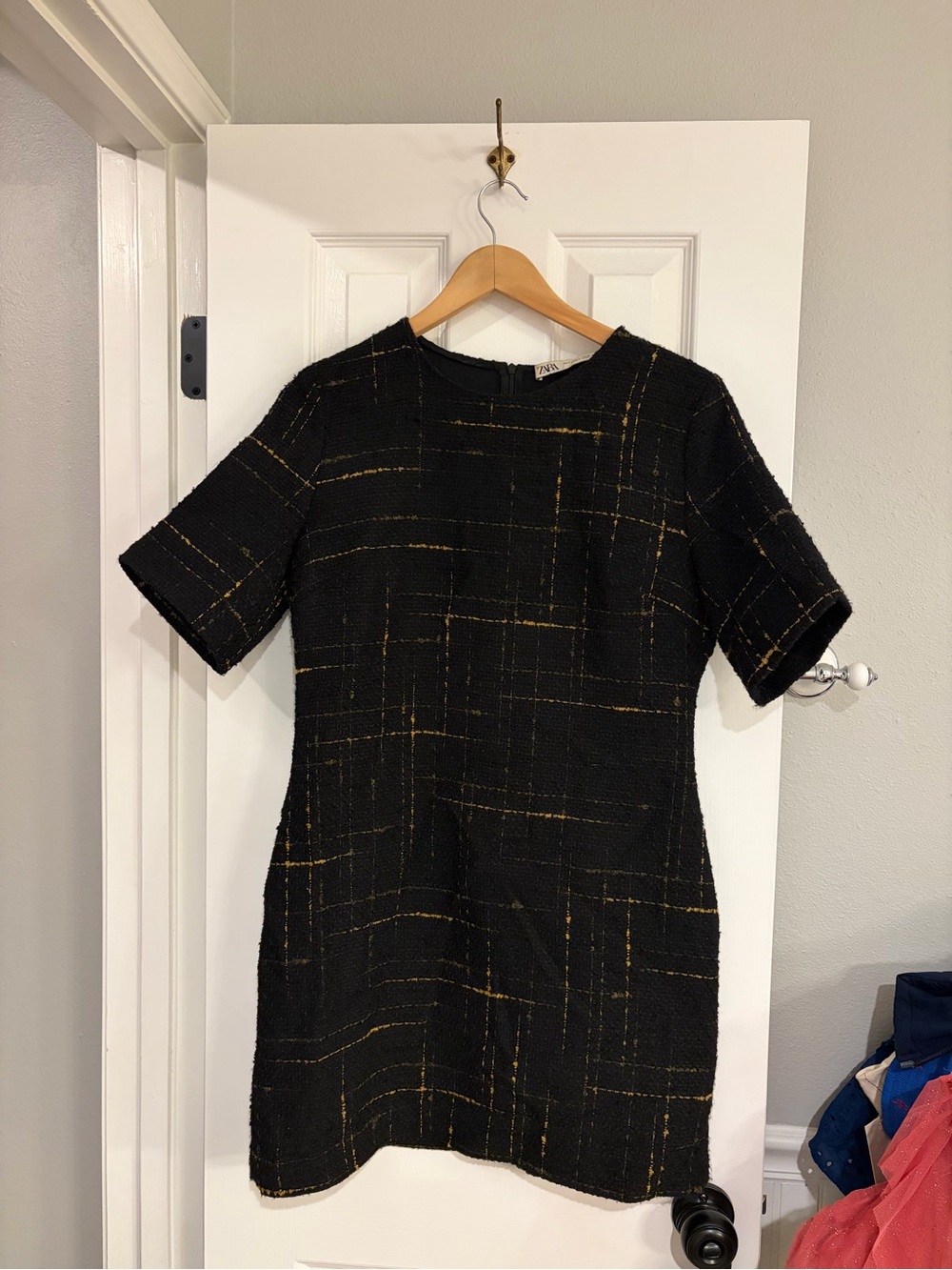 Zara Black Gold Tweed Grid Mini Dress Size Large